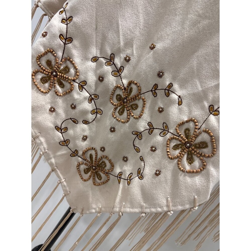 Vintage Beige Silky Feel Shawl With Floral Beaded Embroidery & Fringe Detailing - Picture 5 of 7